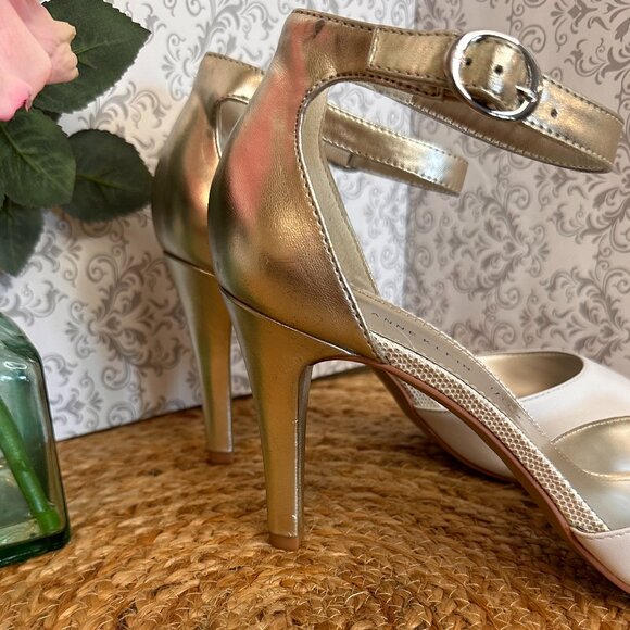 Anne Klein Iflex Akopalize Open Toe, Light Gold & White High Heels Sz 11M - Picture 5 of 7